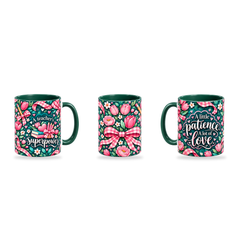 Patient Hearts Mug – 320ml, Dark Green ceramic mug, three-angle overview of the Teacher’s Day artwork