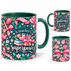 Patient Hearts Mug – 320ml, dark green ceramic mug, views of the full-wrap Teacher’s Day design