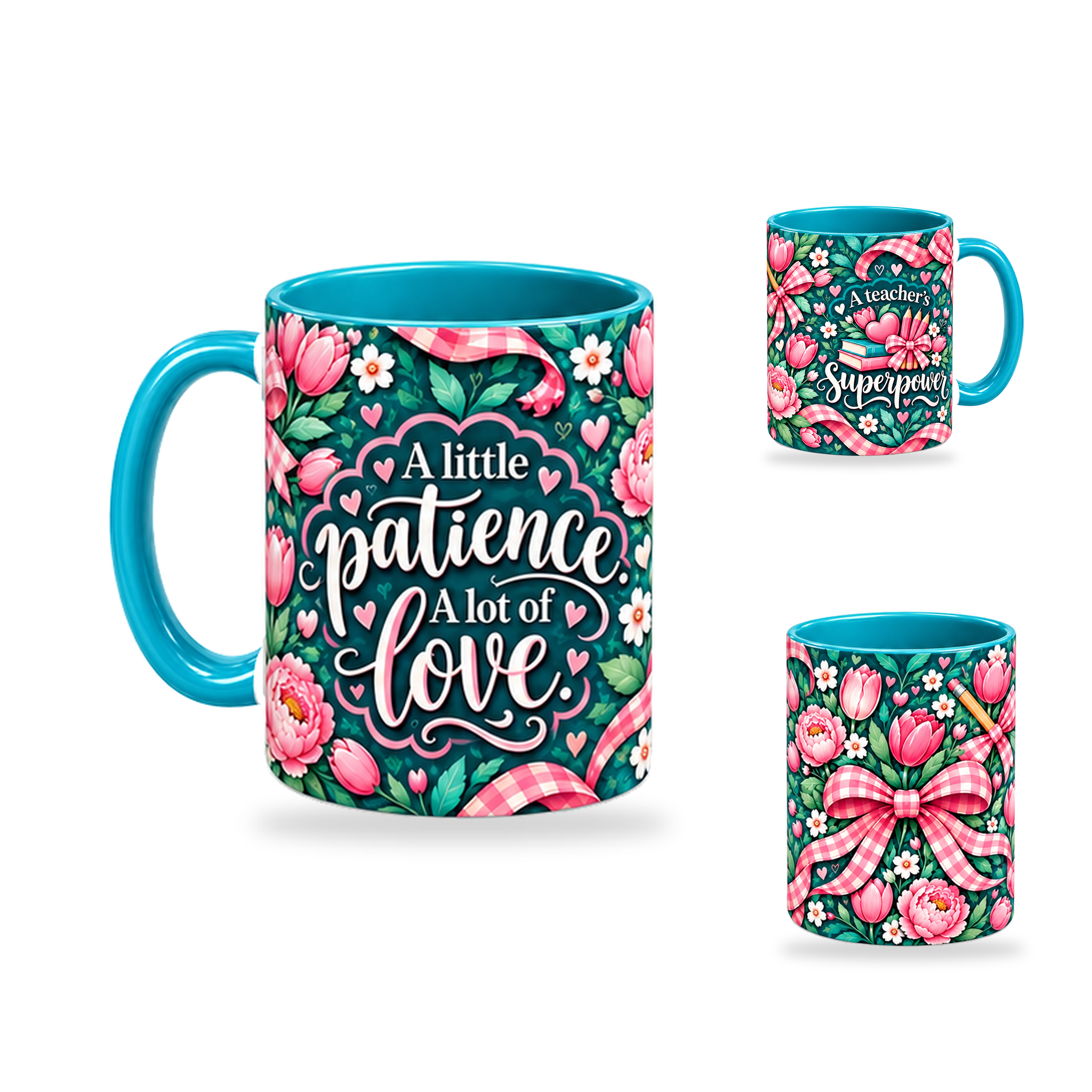 Patient Hearts Mug – 320ml, Teal ceramic mug, opposite-side of the Teacher’s Day artwork