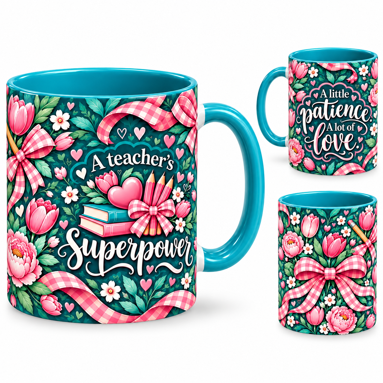 Patient Hearts Mug – 320ml, teal ceramic mug, views of the full-wrap Teacher’s Day design