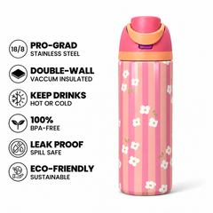 Peach Daisy Free Sip Bottle 720ML with Pink-Orange lid - insulated stainless steel features