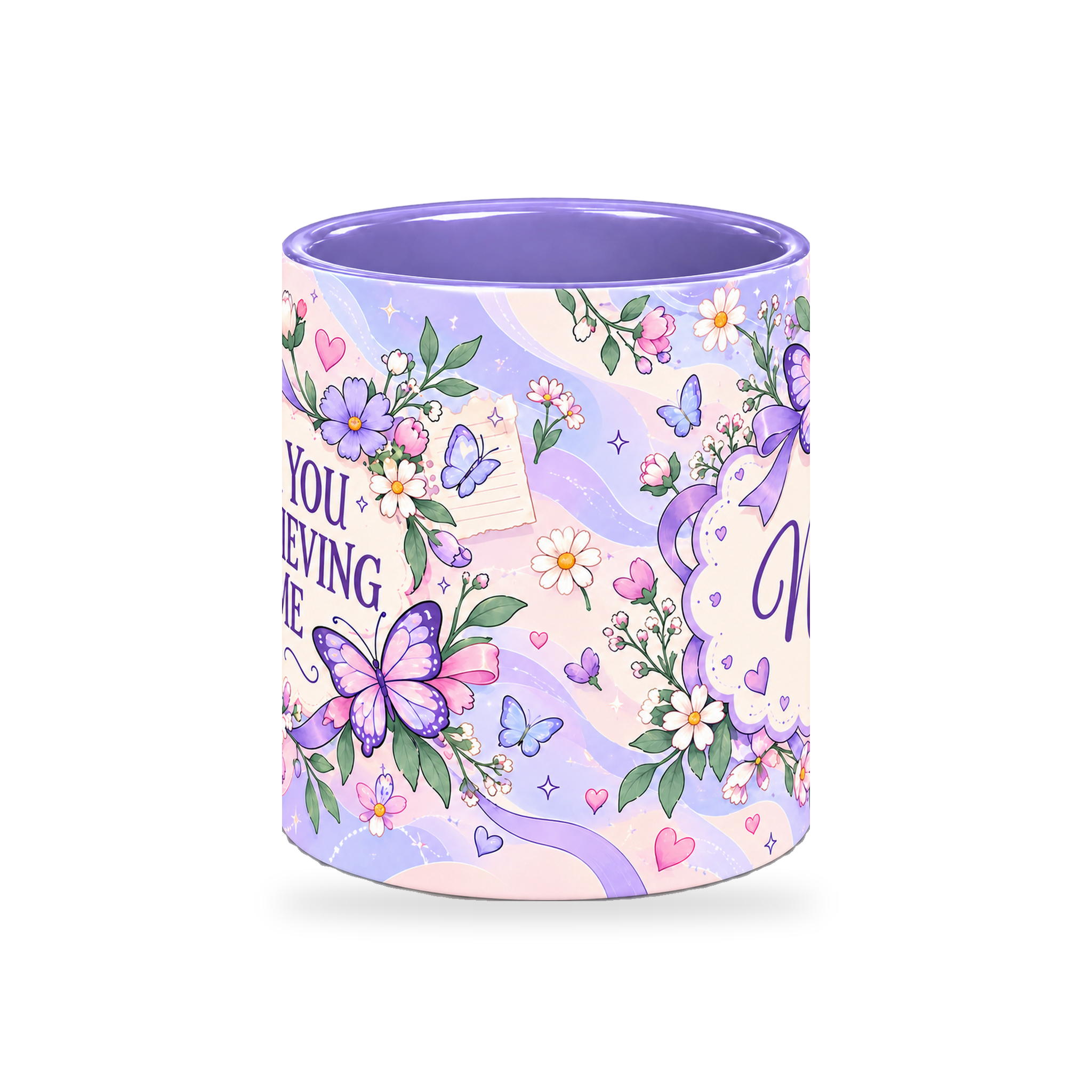 Periwinkle Butterfly Notes Teacher Mug – 320ml — center view on a transparent background
