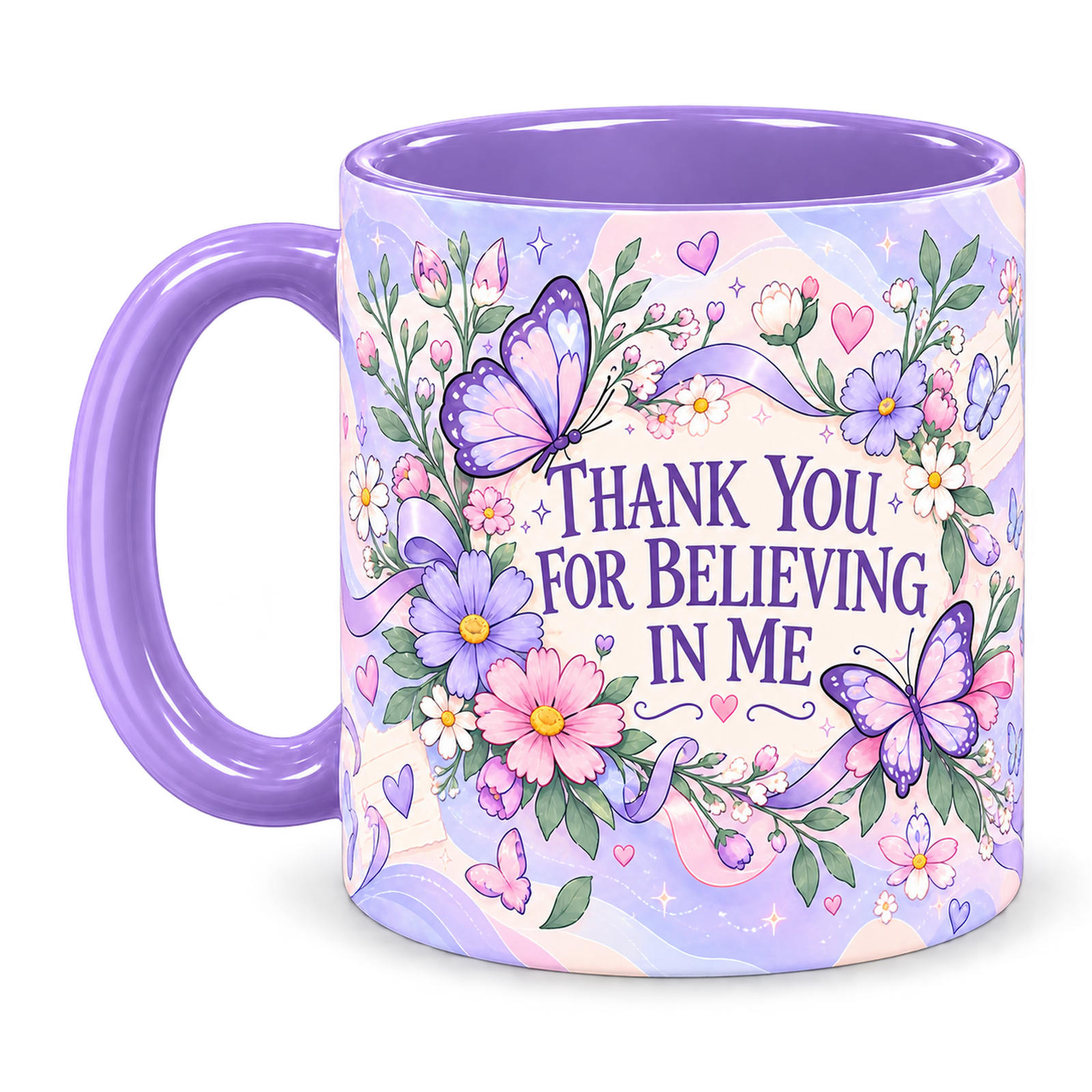 Periwinkle Butterfly Notes Teacher Mug, light purple – handle on the left, THANK YOU FOR BELIEVING IN ME