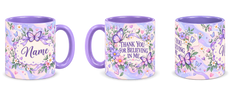 Periwinkle Butterfly Notes Teacher Mug, light purple – right, left and centre views side by side