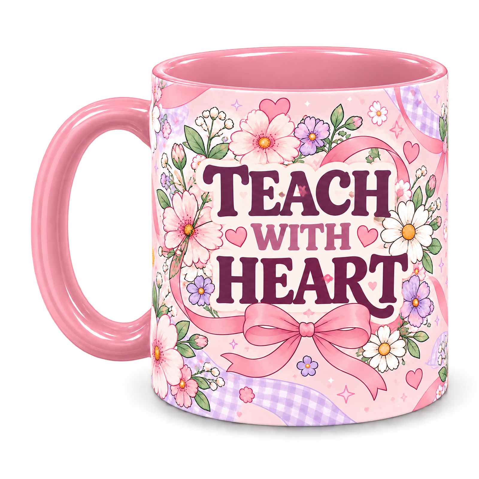 Pink Bow Academy Teacher Mug, pink – handle on the left, TEACH WITH HEART