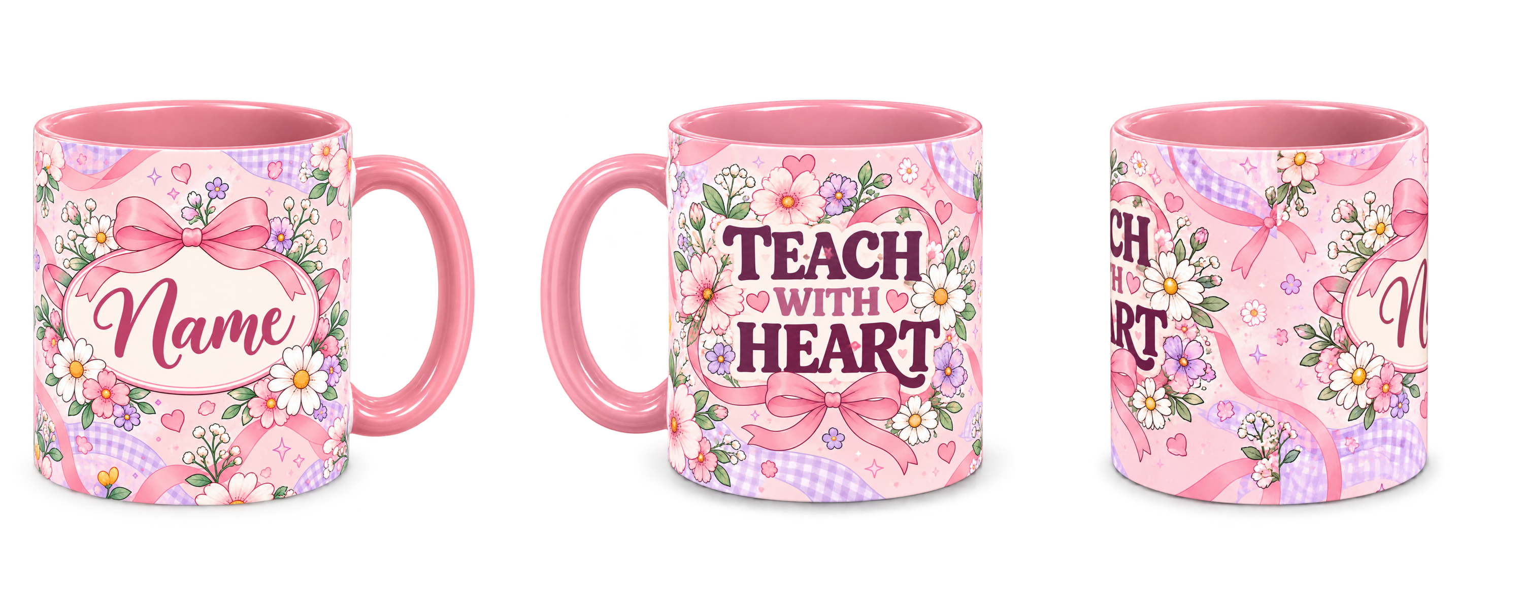 Pink Bow Academy Teacher Mug, pink – right, left and centre views side by side