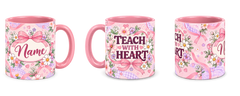 Pink Bow Academy Teacher Mug, pink – right, left and centre views side by side