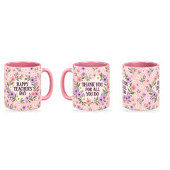 Pink Ditsy Meadow Teacher Mug – 320ml — right, left and centre views together on a transparent background