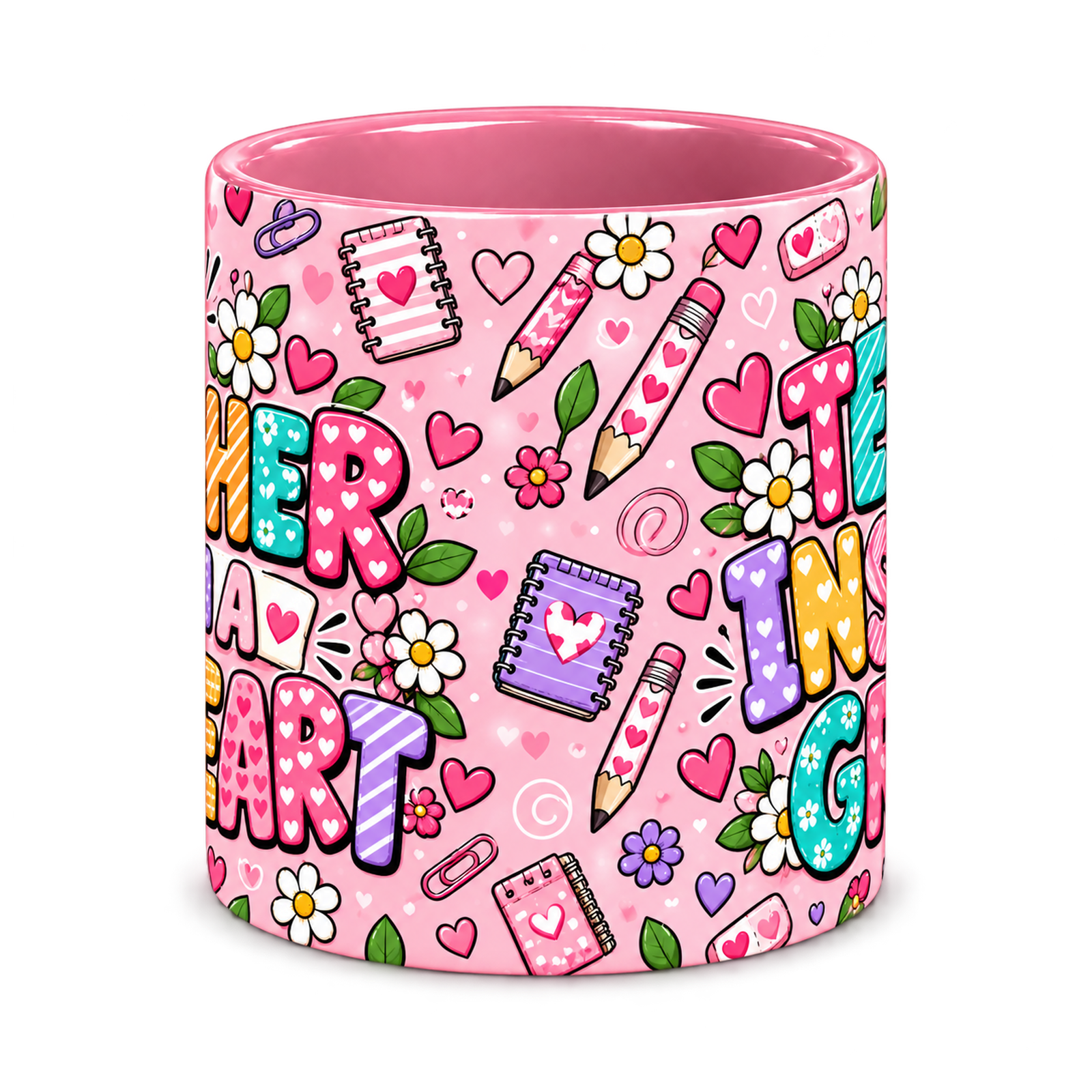 Pink Pencil Hearts Teacher Mug, pink – centre view of the full-wrap pattern