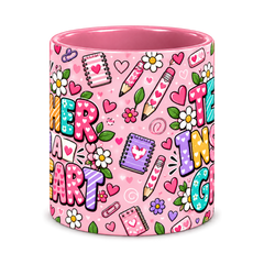 Pink Pencil Hearts Teacher Mug, pink – centre view of the full-wrap pattern