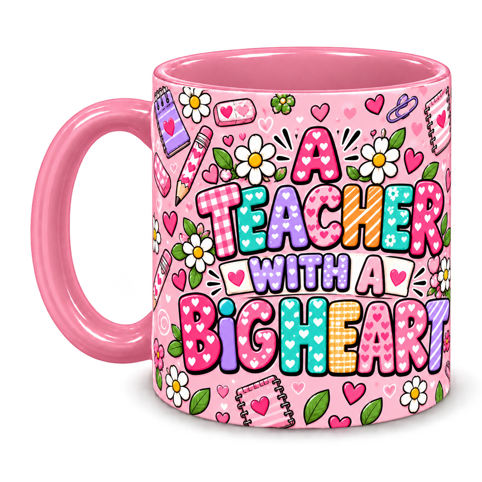 Pink Pencil Hearts Teacher Mug, pink – handle on the left, A TEACHER WITH A BIG HEART