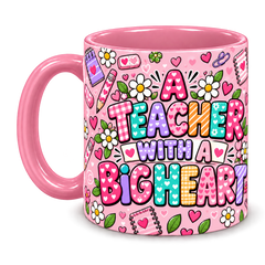 Pink Pencil Hearts Teacher Mug, pink – handle on the left, A TEACHER WITH A BIG HEART