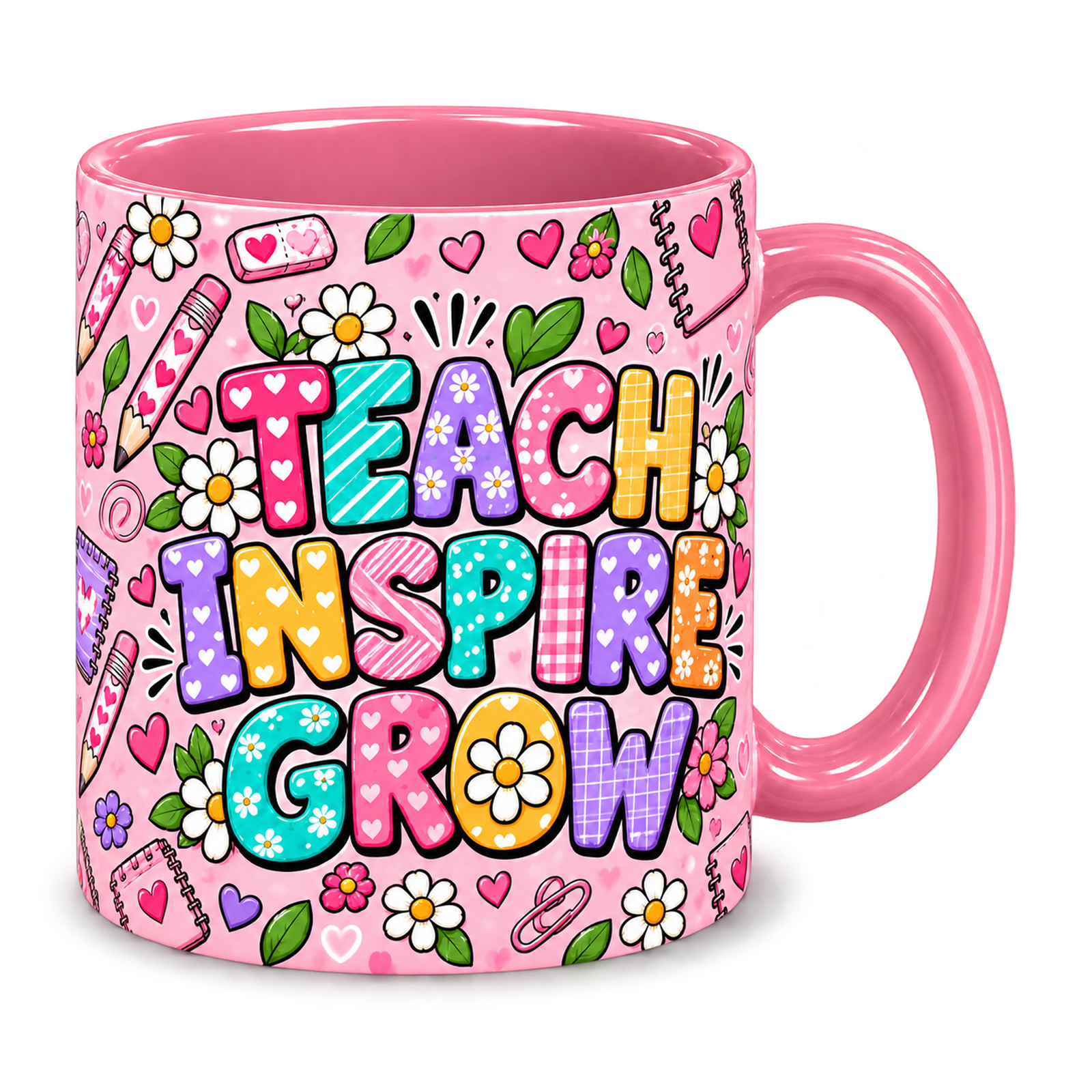 Pink Pencil Hearts Teacher Mug, pink – handle on the right, TEACH INSPIRE GROW