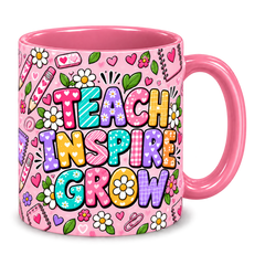 Pink Pencil Hearts Teacher Mug, pink – handle on the right, TEACH INSPIRE GROW