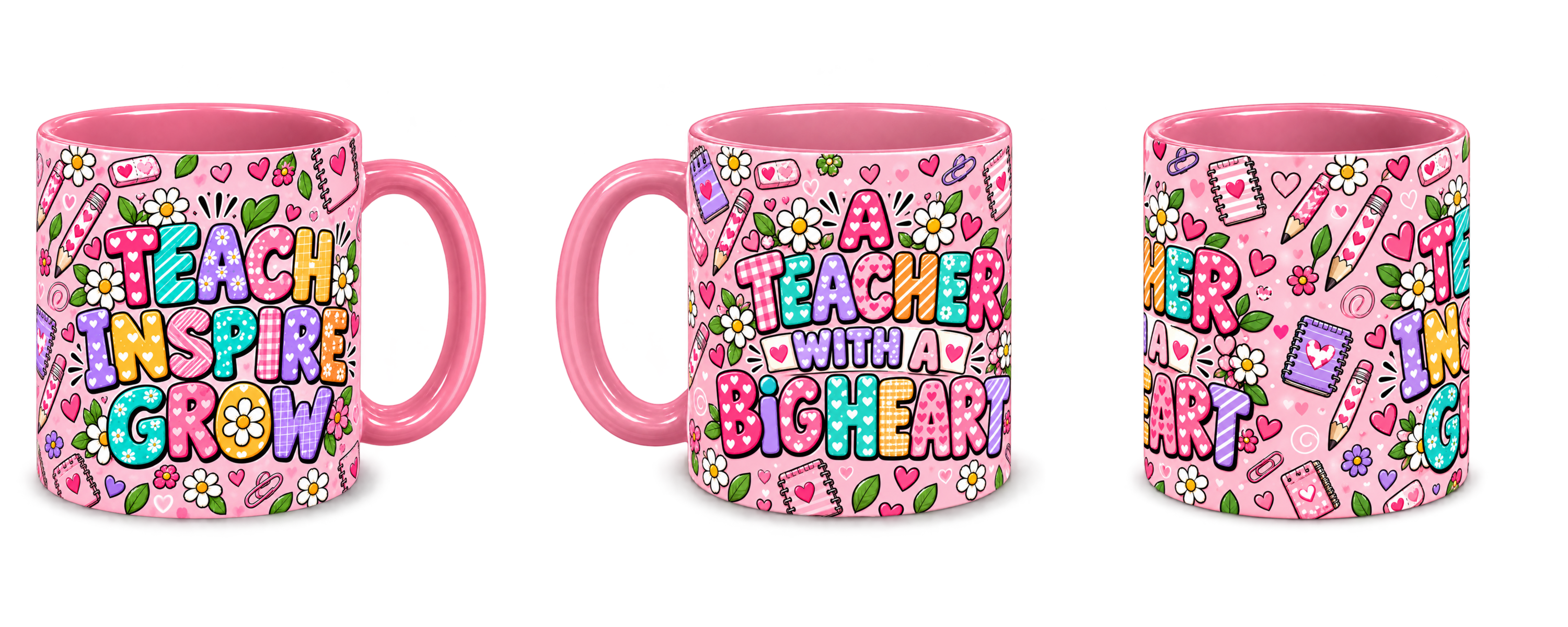 Pink Pencil Hearts Teacher Mug, pink – right, left and centre views side by side