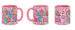 Pink Pencil Hearts Teacher Mug, pink – right, left and centre views side by side