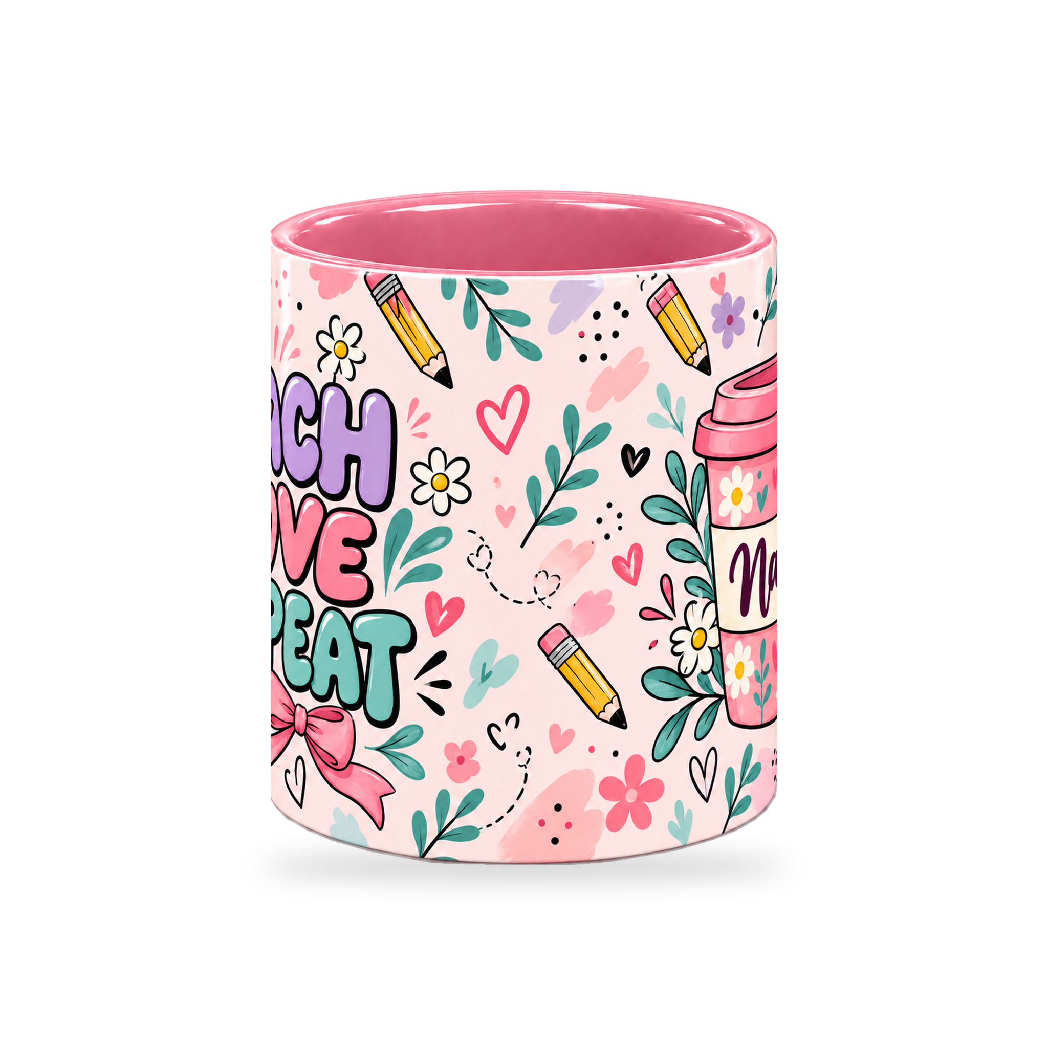 Pink Teacher Coffee Break Mug – 320ml — center view on a transparent background