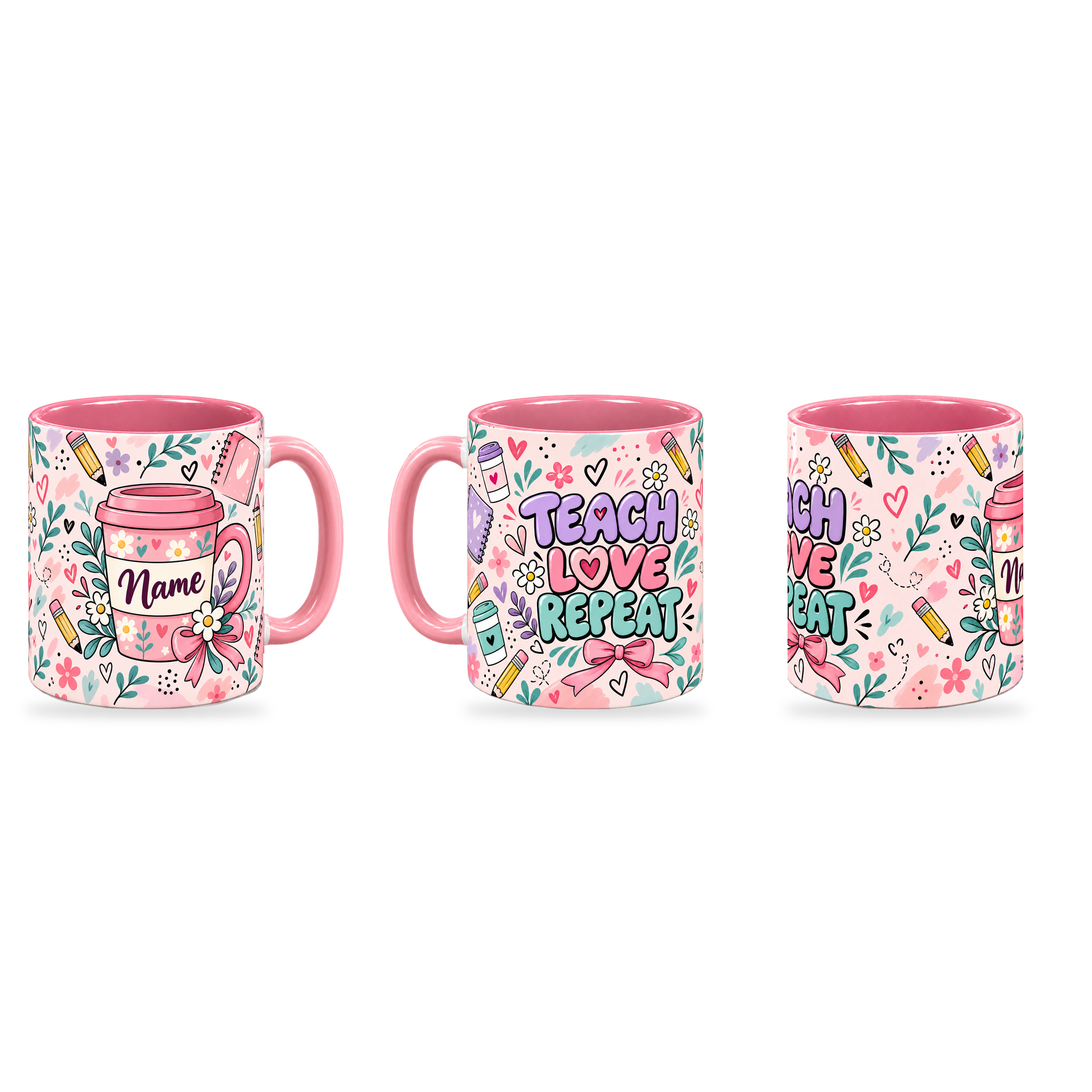Pink Teacher Coffee Break Mug – 320ml — right, left and centre views together on a transparent background