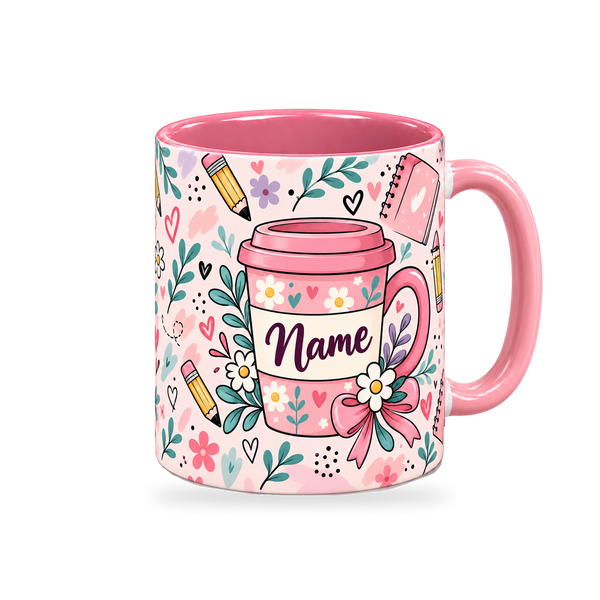 Pink Teacher Coffee Break Mug – 320ml, right view on a transparent background