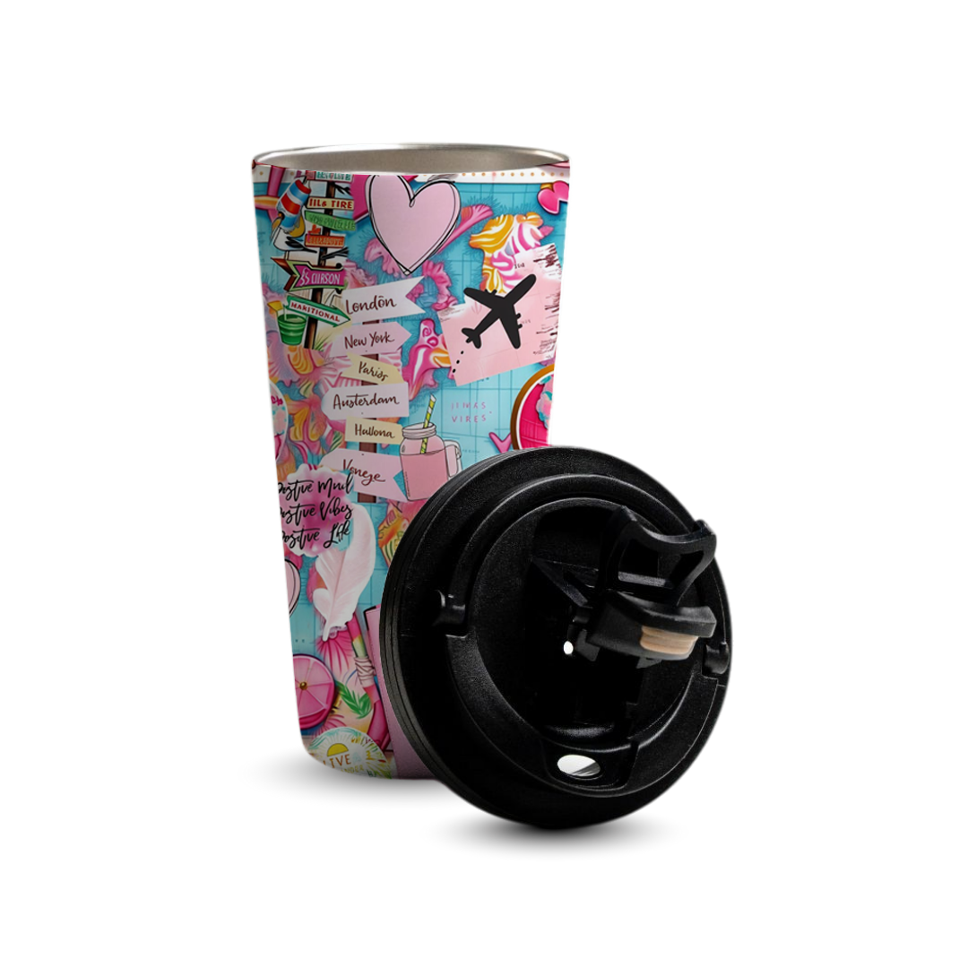 Pink Wanderlust 480ml Tumbler by Fann Bliss — open tumbler with lid beside it