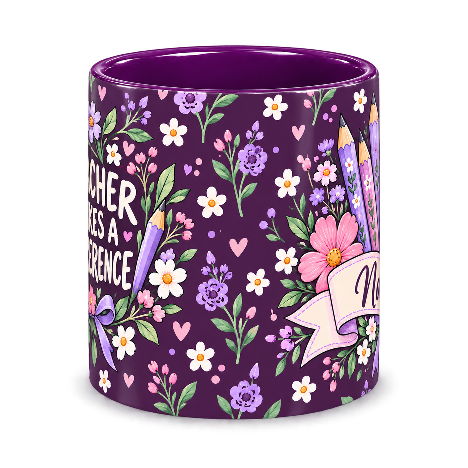 Plum Pencil Bouquet Teacher Mug, purple – centre view of the full-wrap pattern