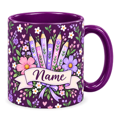 Plum Pencil Bouquet Teacher Mug, purple – handle on the right, Name