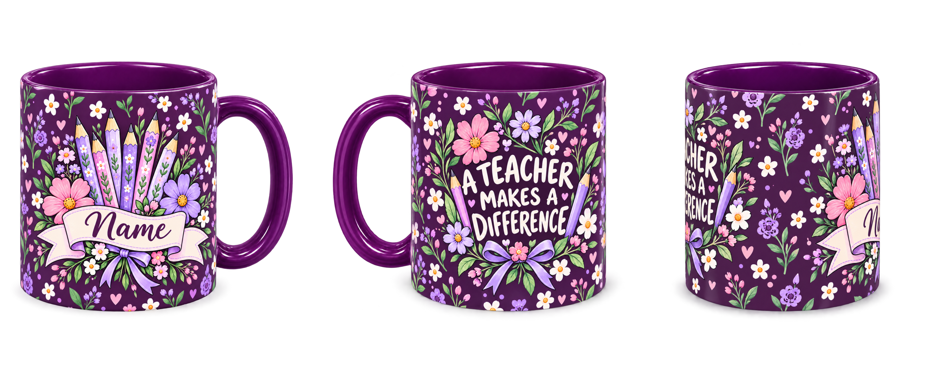 Plum Pencil Bouquet Teacher Mug, purple – right, left and centre views side by side