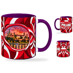 Poland Mug Purple – 320ml with purple handle, showing the landmark side plus companion country-name and centered-flag views of the glossy full-wrap design by Fann Bliss.