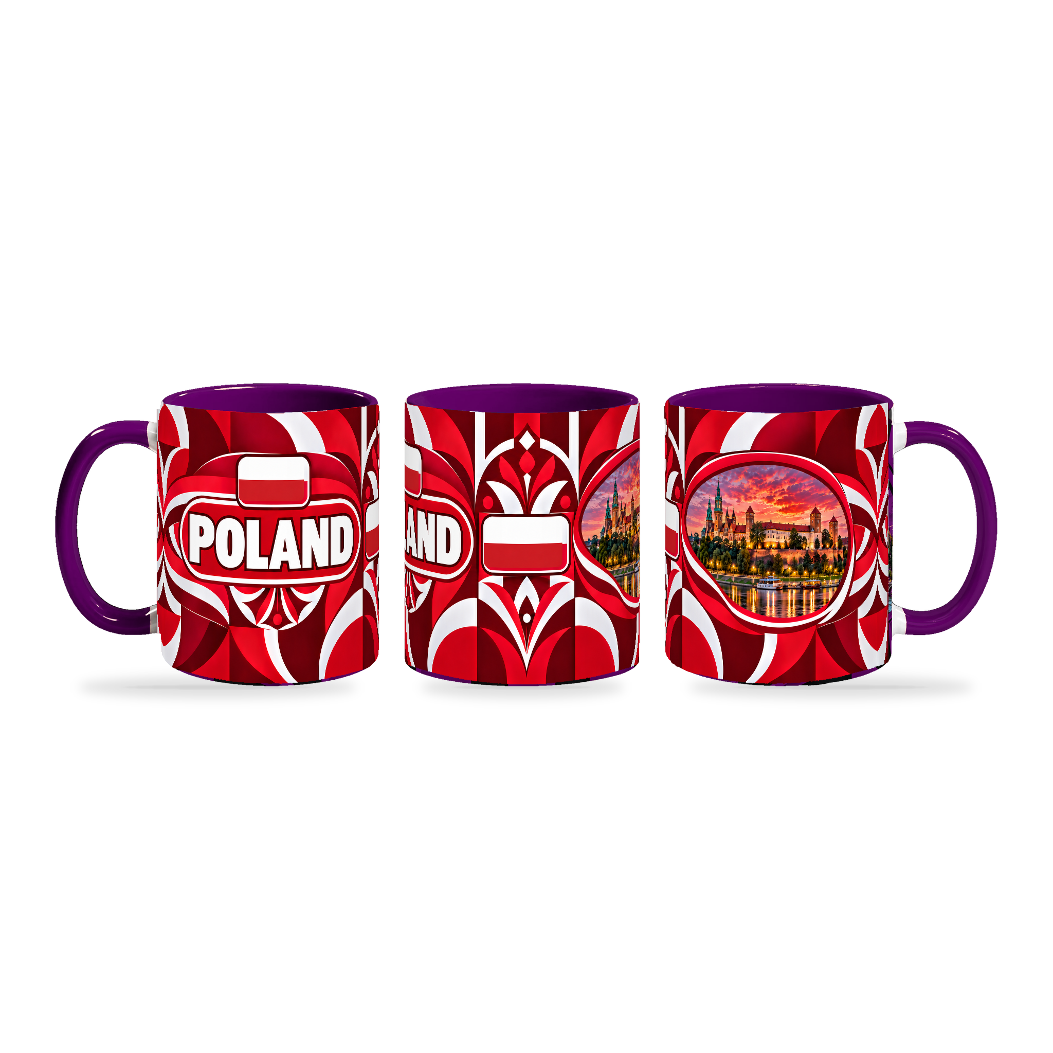 Poland Mug Purple – 320ml with purple handle, shown in three matching angles of the glossy full-wrap design by Fann Bliss.