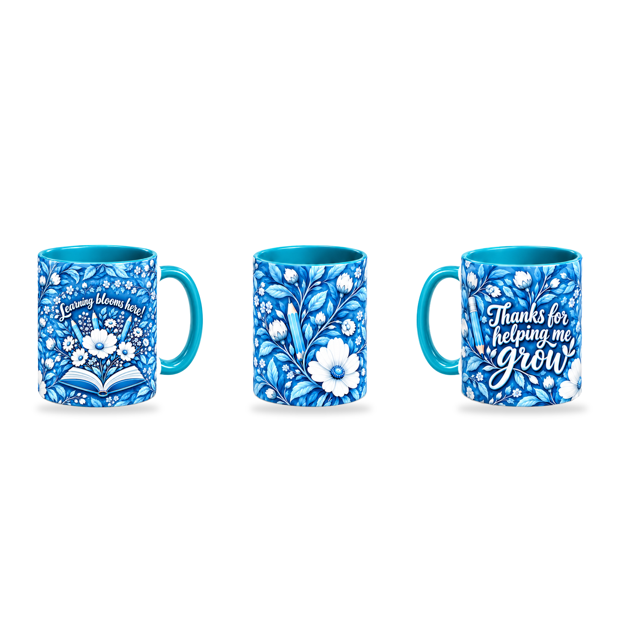 Porcelain Growth Mug – 320ml, Teal ceramic mug, three-angle overview of the Teacher’s Day artwork