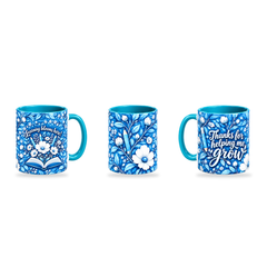 Porcelain Growth Mug – 320ml, Teal ceramic mug, three-angle overview of the Teacher’s Day artwork