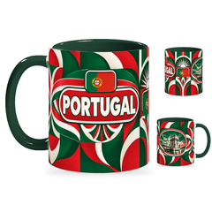 Portugal Mug – 320ml with dark green handle, showing the country-name side plus companion centered-flag and landmark views of the glossy full-wrap design by Fann Bliss.