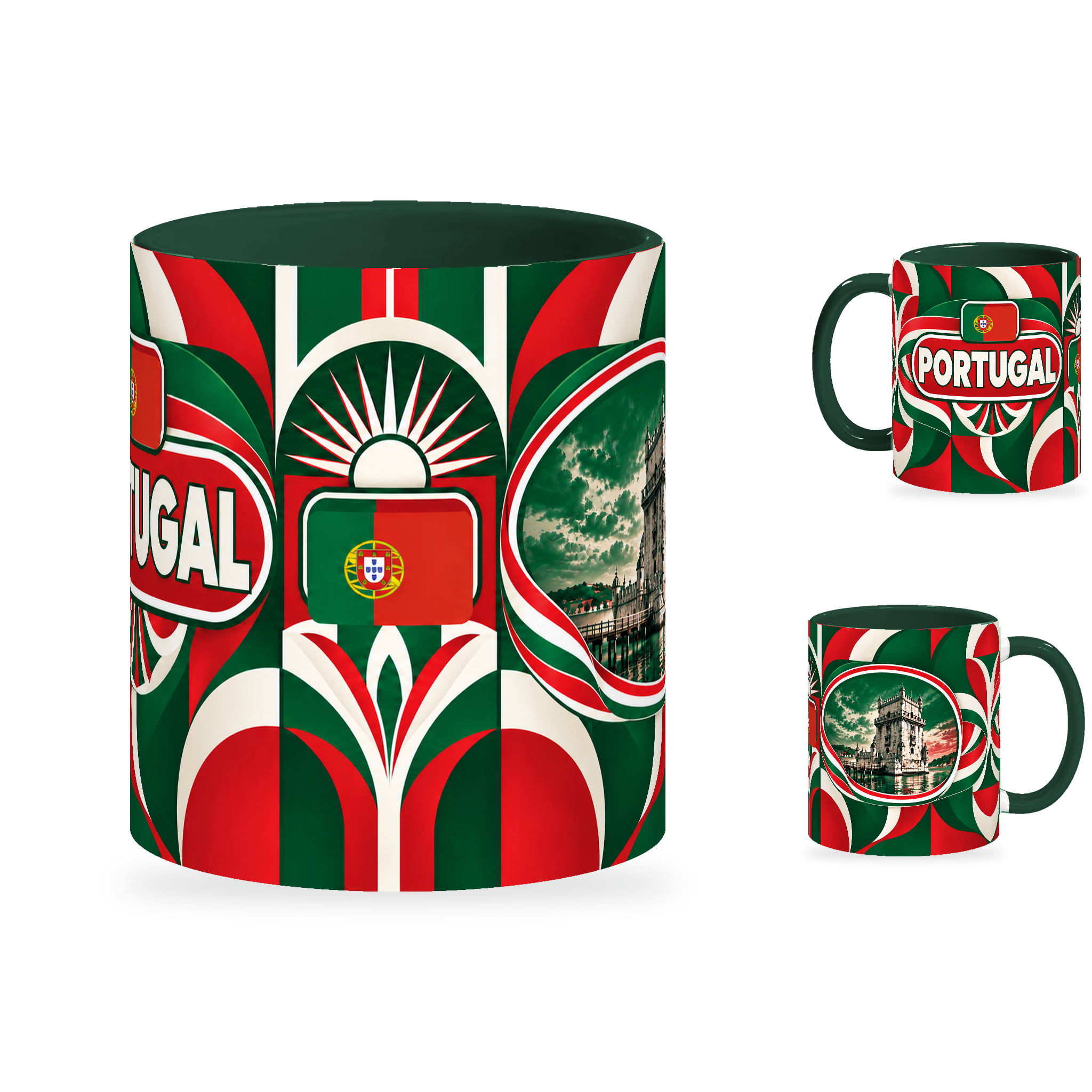 Portugal Mug – 320ml with dark green handle, showing the centered flag view plus companion country-name and landmark views of the glossy full-wrap design by Fann Bliss.