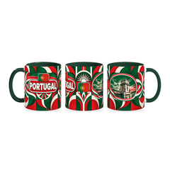 Portugal Mug – 320ml with dark green handle, shown in three matching angles of the glossy full-wrap design by Fann Bliss.