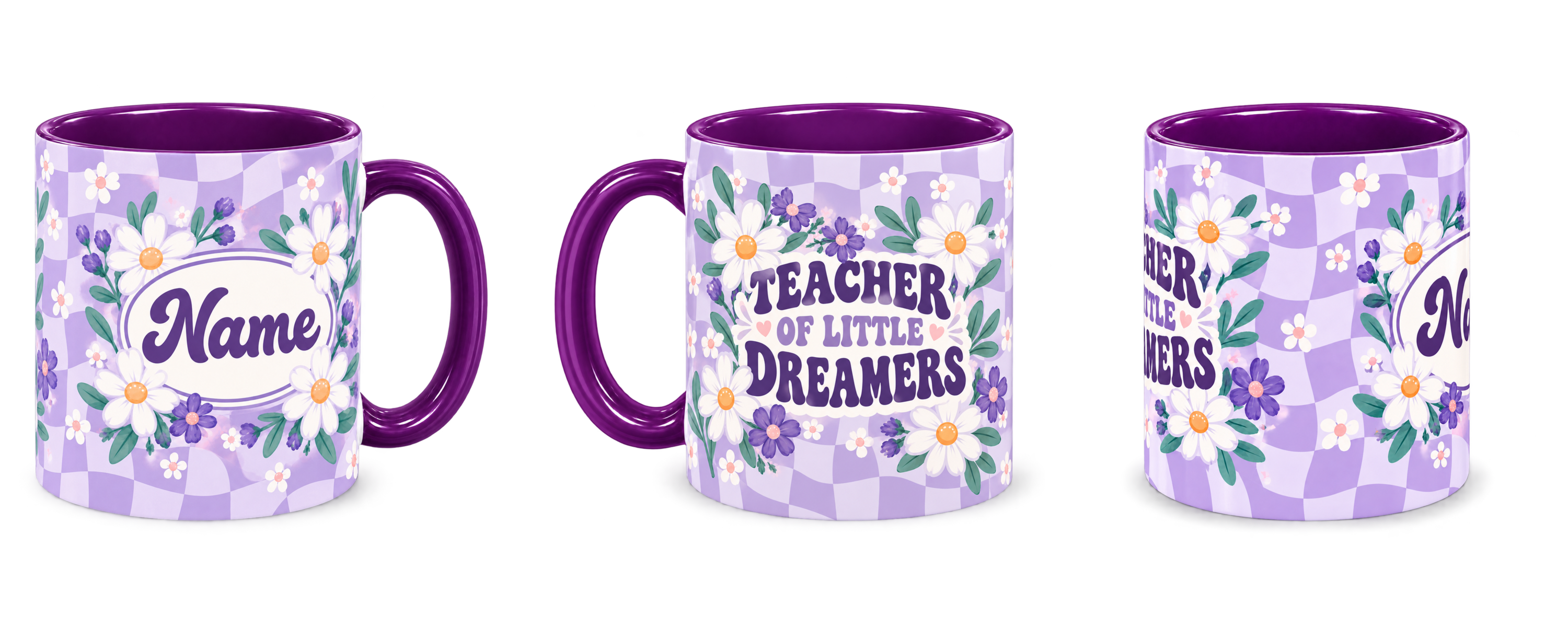 Purple Daisy Club Teacher Mug, purple – right, left and centre views side by side