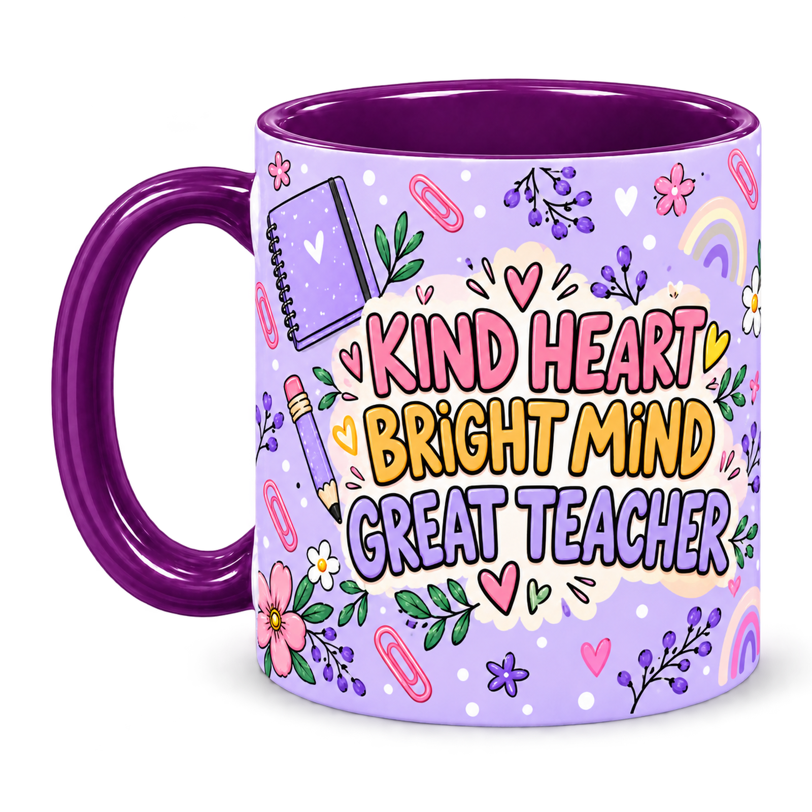 Purple Stationery Desk Teacher Mug, purple – handle on the left, KIND HEART BRIGHT MIND GREAT TEACHER