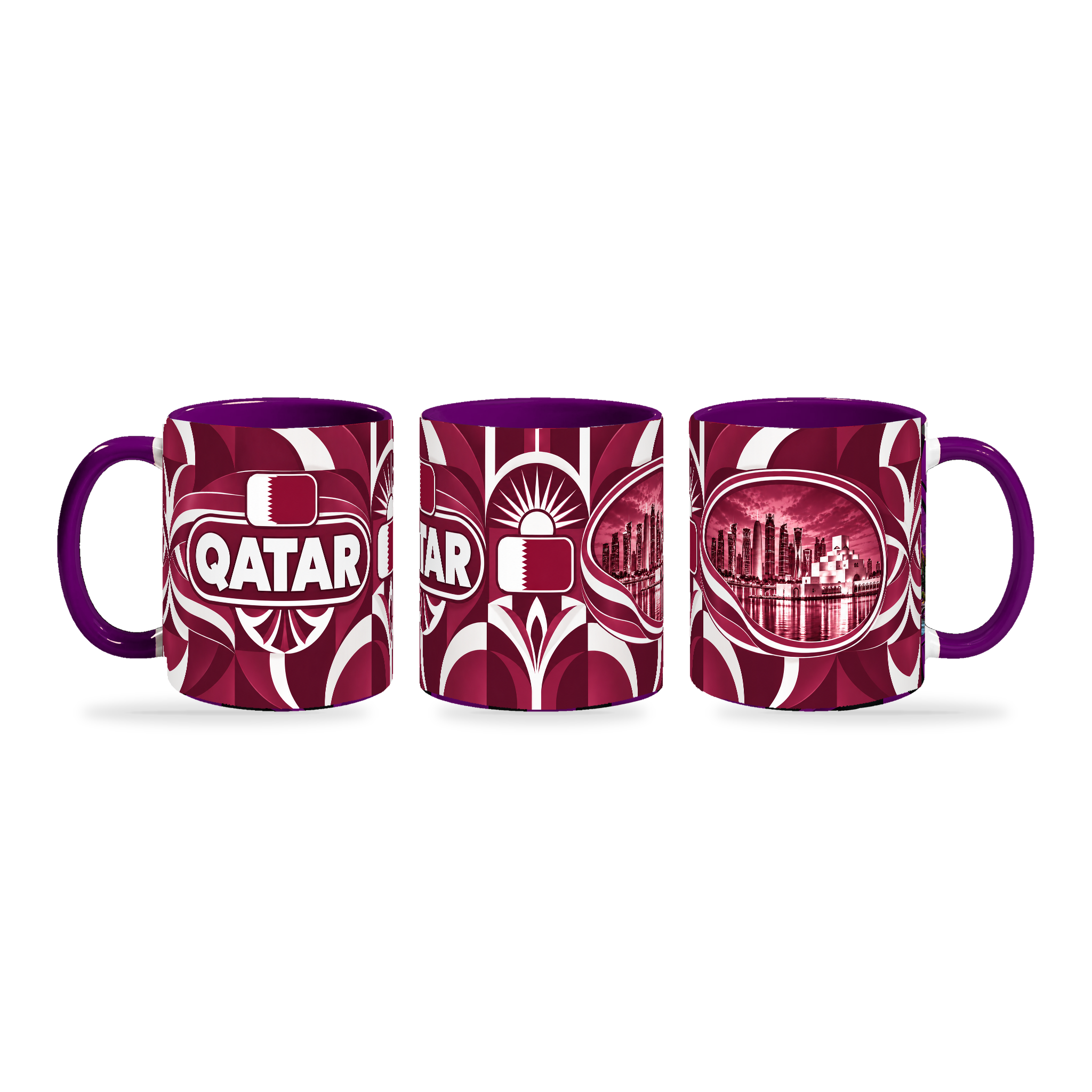 Qatar Mug – 320ml with purple handle, shown in three matching angles of the glossy full-wrap design by Fann Bliss.