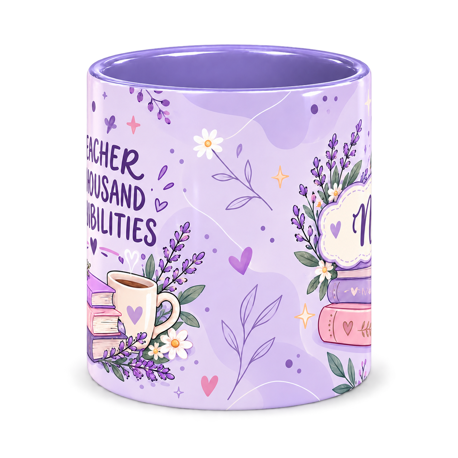Reading Nook Teacher Mug, light purple – centre view of the full-wrap pattern