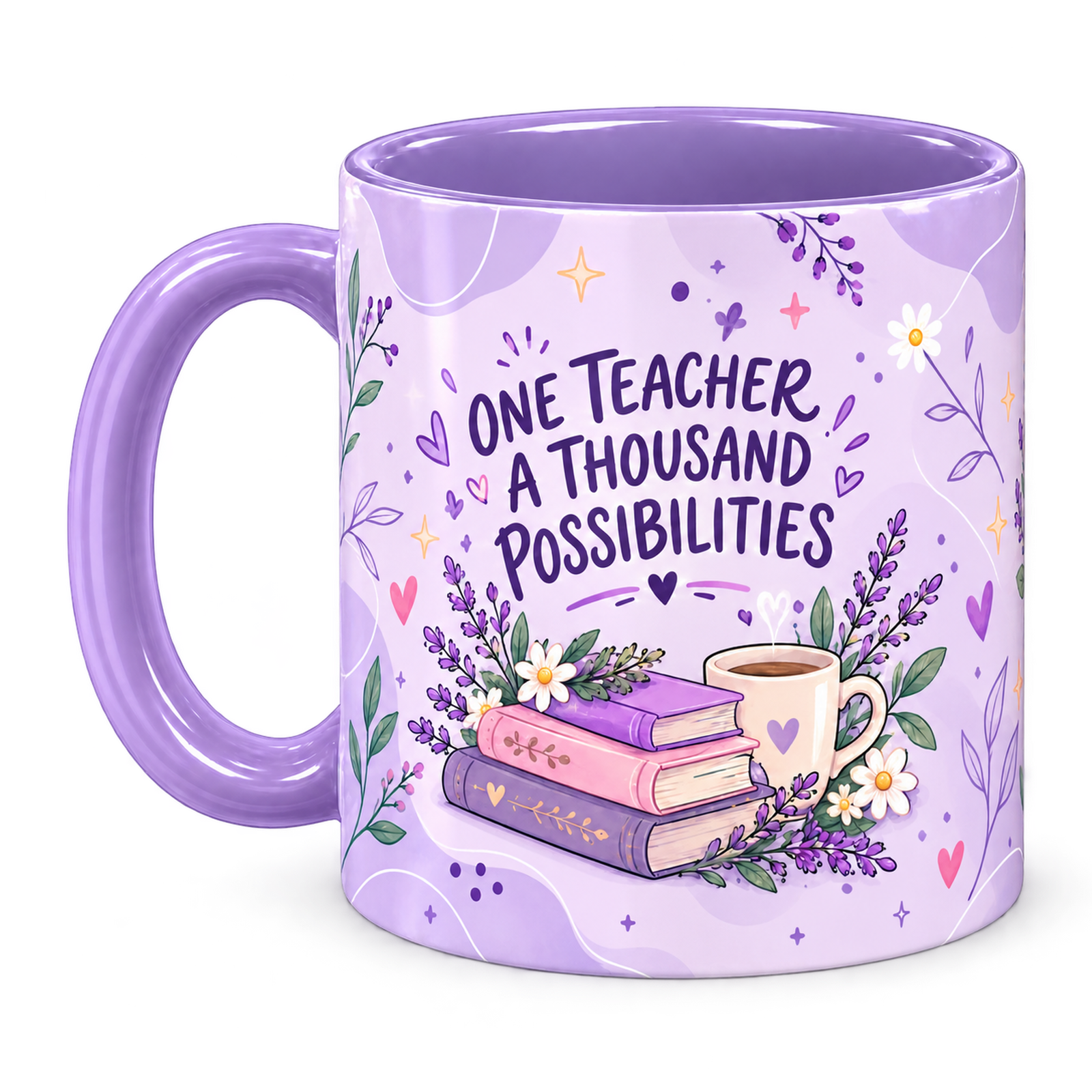 Reading Nook Teacher Mug, light purple – handle on the left, ONE TEACHER A THOUSAND POSSIBILITIES