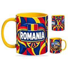 Romania Mug Yellow – 320ml with yellow handle, showing the country-name side plus companion centered-flag and landmark views of the glossy full-wrap design by Fann Bliss.