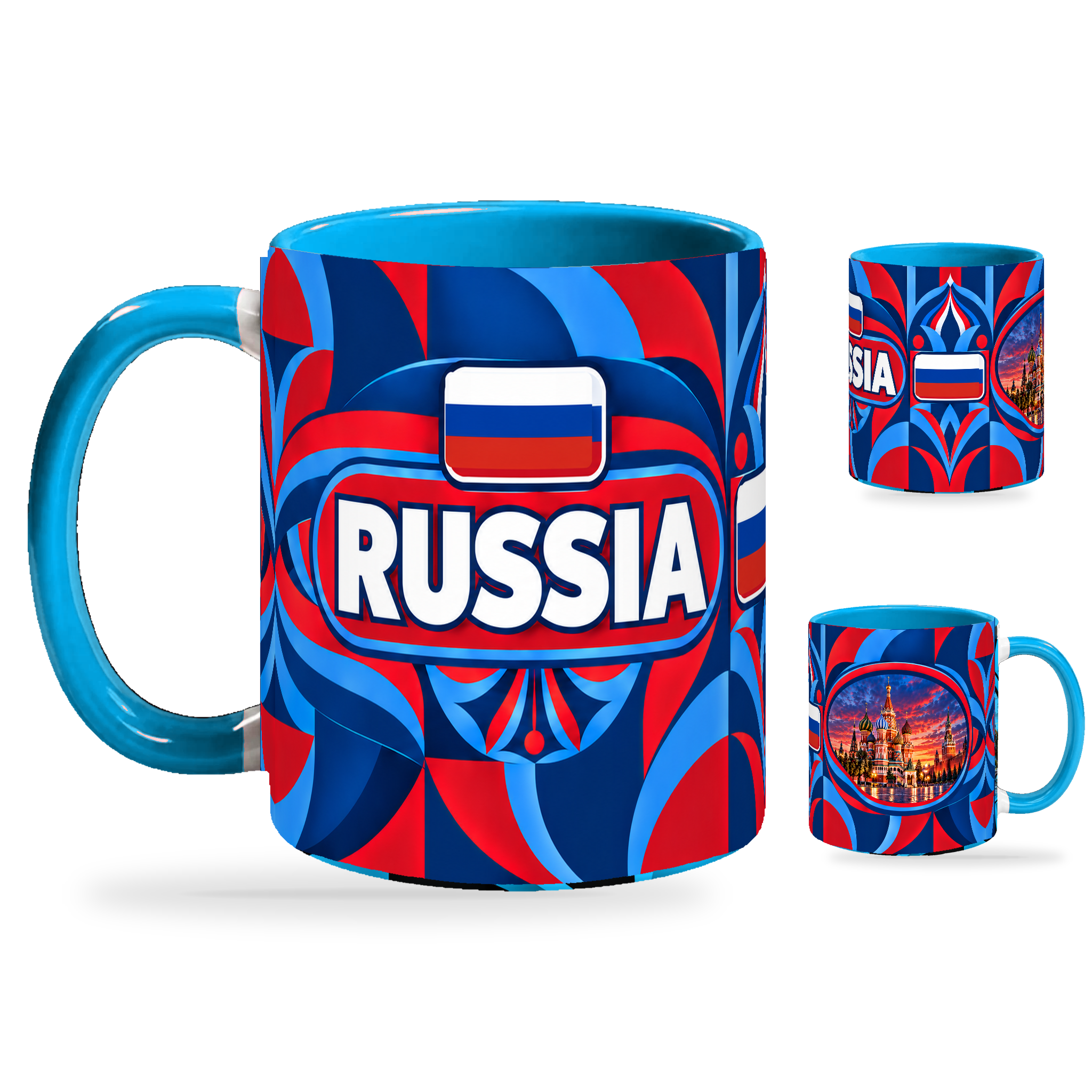 Russia Mug – 320ml with light-blue handle, showing the country-name side plus companion centered-flag and landmark views of the glossy full-wrap design by Fann Bliss.