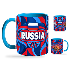 Russia Mug – 320ml with light-blue handle, showing the country-name side plus companion centered-flag and landmark views of the glossy full-wrap design by Fann Bliss.
