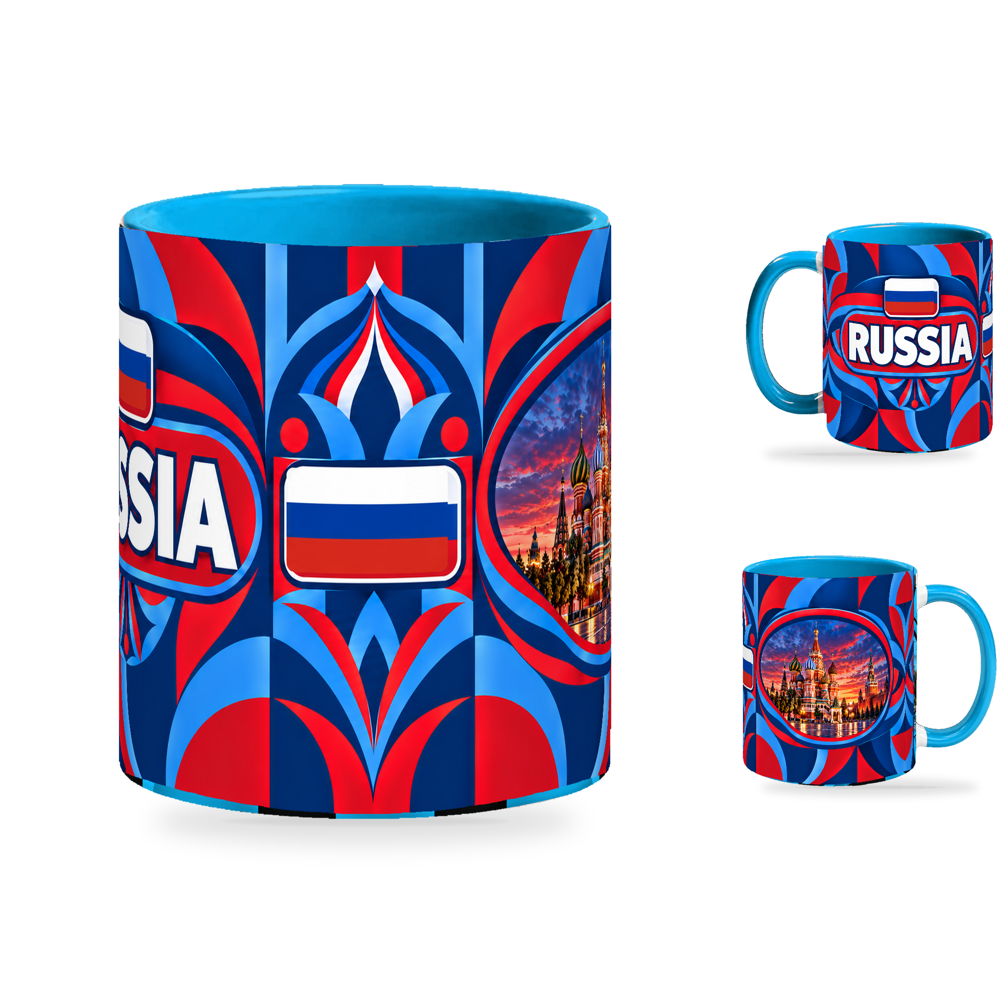 Russia Mug – 320ml with light-blue handle, showing the centered flag view plus companion country-name and landmark views of the glossy full-wrap design by Fann Bliss.