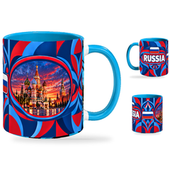 Russia Mug – 320ml with light-blue handle, showing the landmark side plus companion country-name and centered-flag views of the glossy full-wrap design by Fann Bliss.
