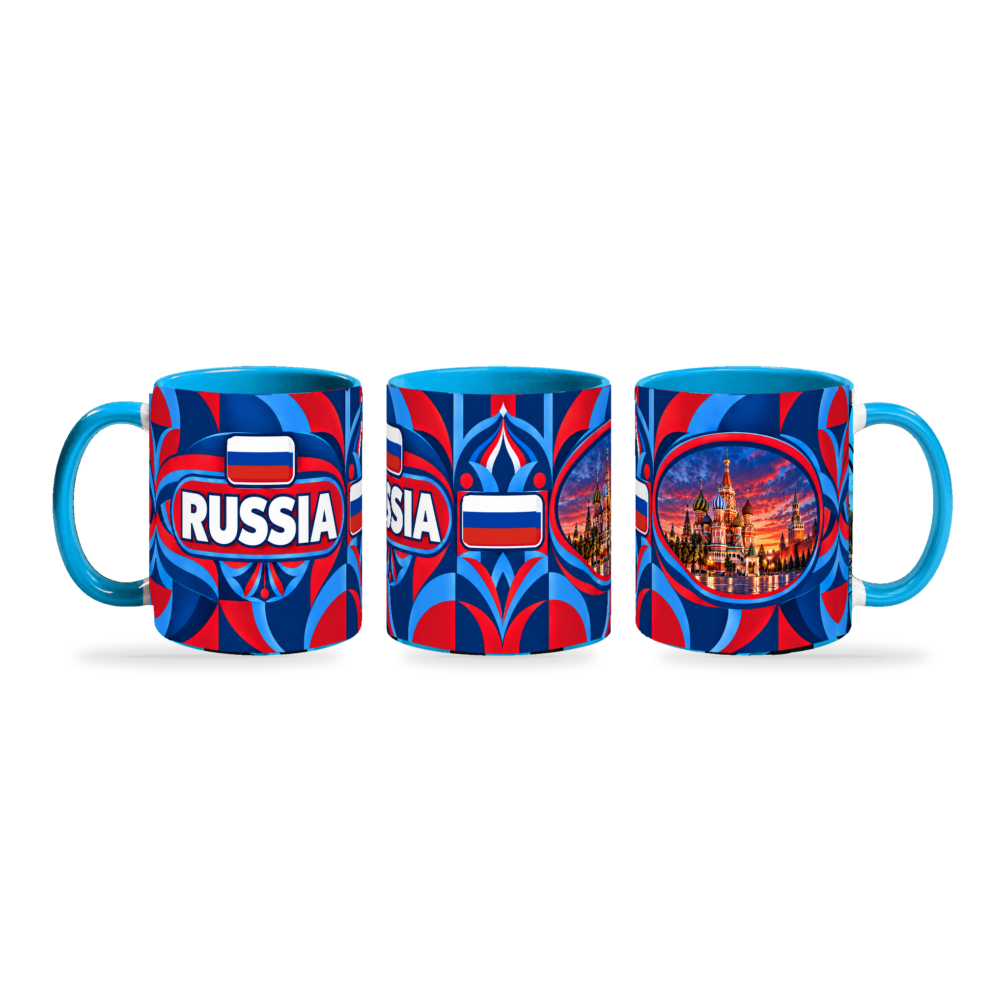 Russia Mug – 320ml with light-blue handle, shown in three matching angles of the glossy full-wrap design by Fann Bliss.
