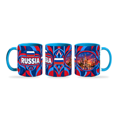 Russia Mug – 320ml with light-blue handle, shown in three matching angles of the glossy full-wrap design by Fann Bliss.