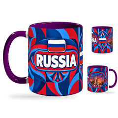 Russia Mug Purple – 320ml with purple handle, showing the country-name side plus companion centered-flag and landmark views of the glossy full-wrap design by Fann Bliss.