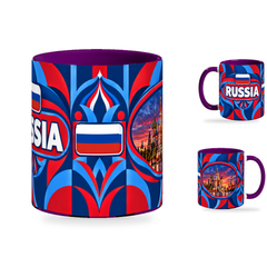 Russia Mug Purple – 320ml with purple handle, showing the centered flag view plus companion country-name and landmark views of the glossy full-wrap design by Fann Bliss.