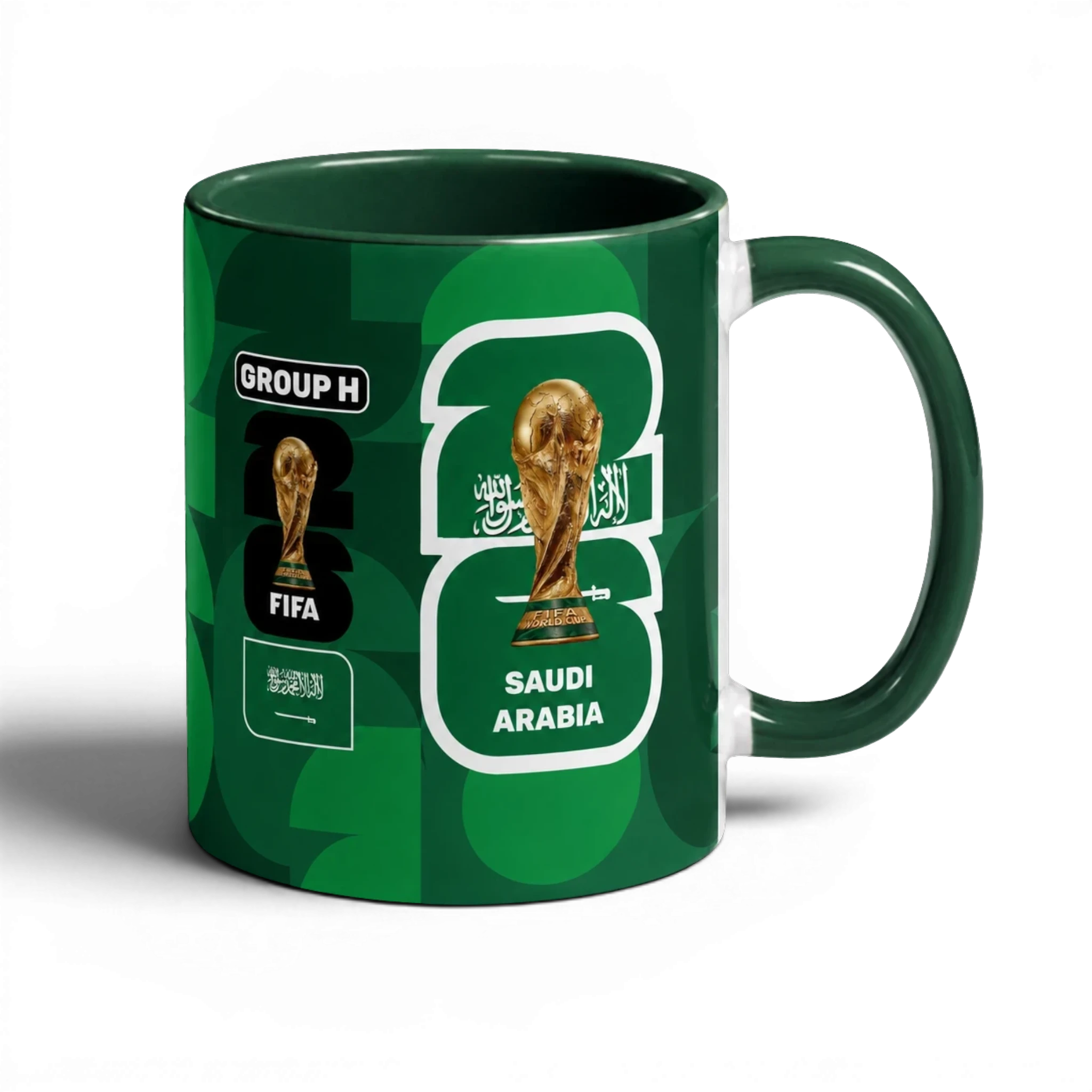 Fann Bliss Saudi Arabia FIFA World Cup 2026 commemorative mug in green with trophy and national emblem.