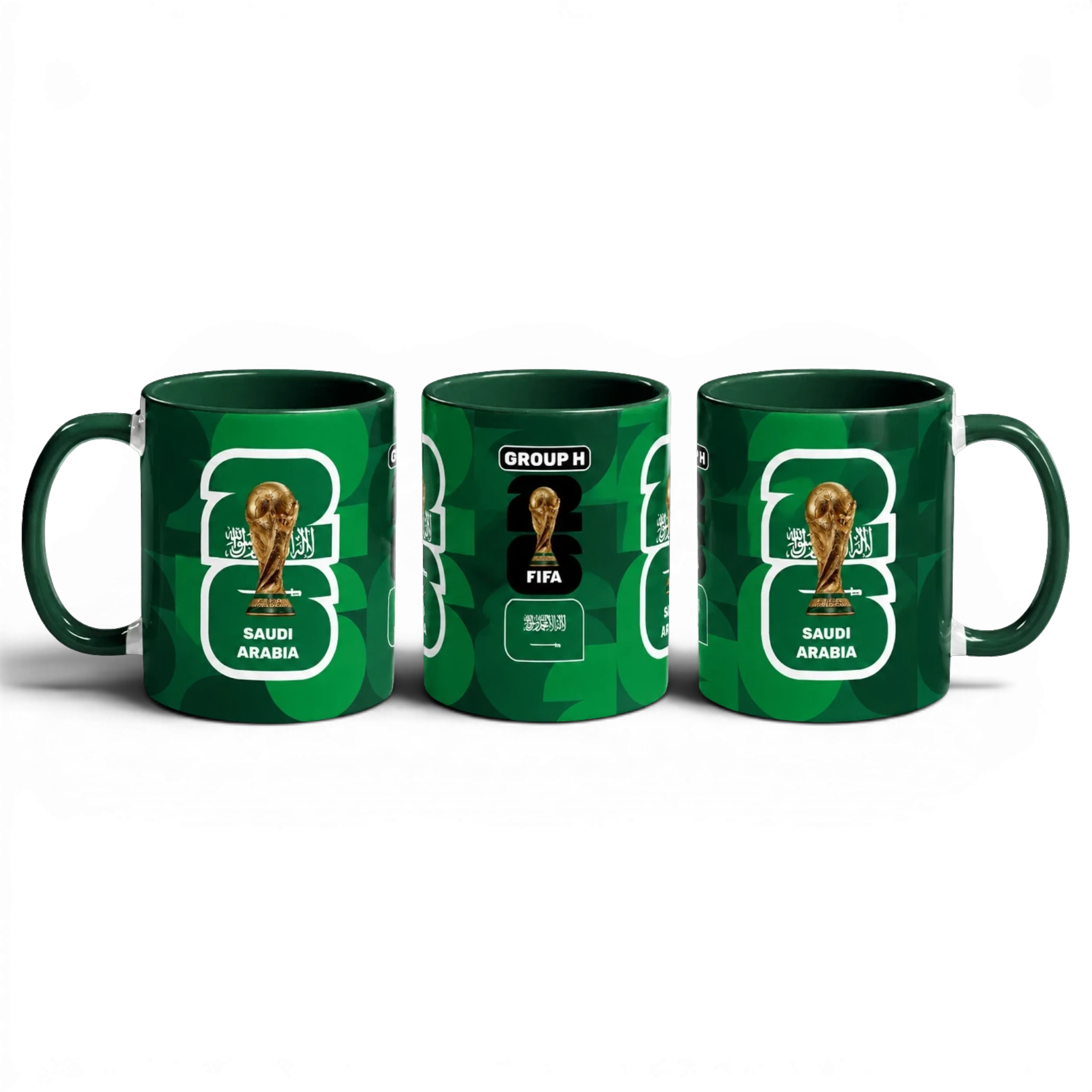 Fann Bliss Saudi Arabia FIFA World Cup 2026 commemorative mug in green ceramic with geometric pattern, trophy, and team emblem.